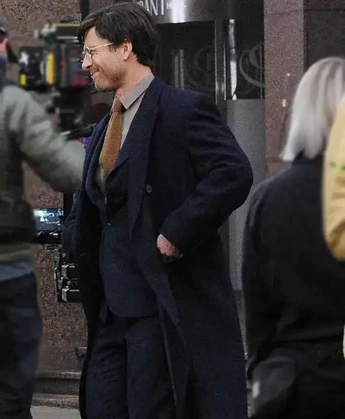 The Running Man Glen Powell Trench Blue Coat
