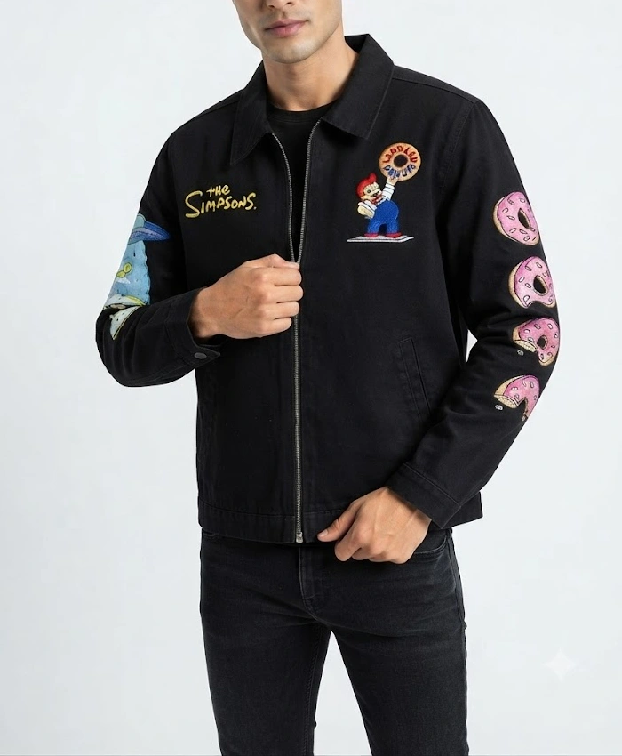 The Simpsons x Shoe Palace Lard Lad Donuts Black Work Cotton Bomber Jacket
