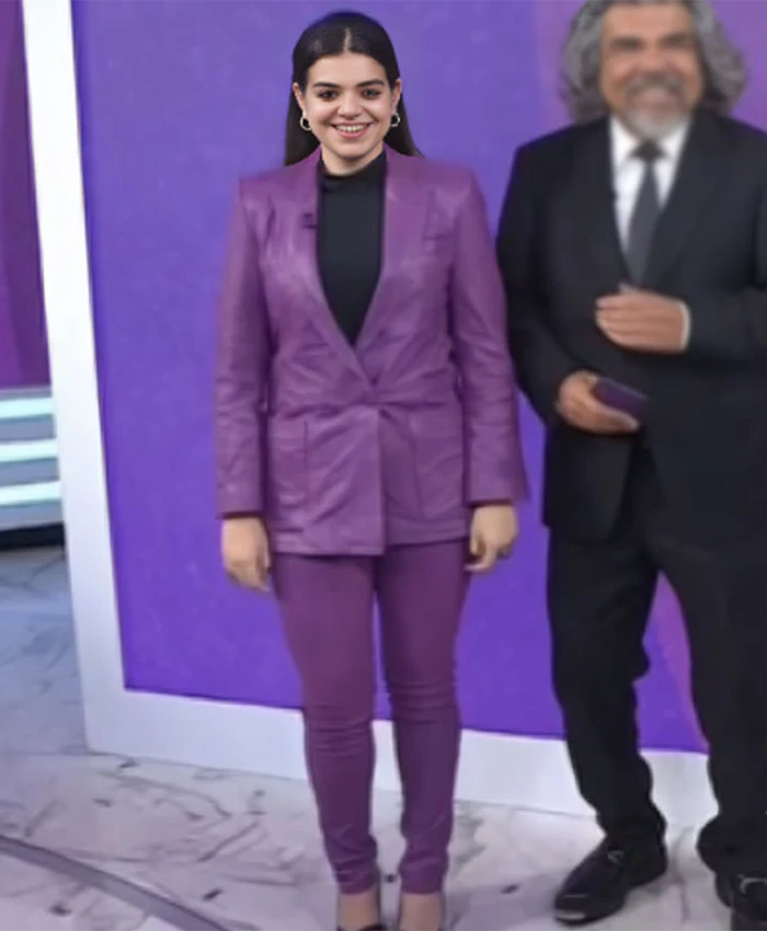 The Today Show Mayan Lopez Purple Crinkle Leather Suit