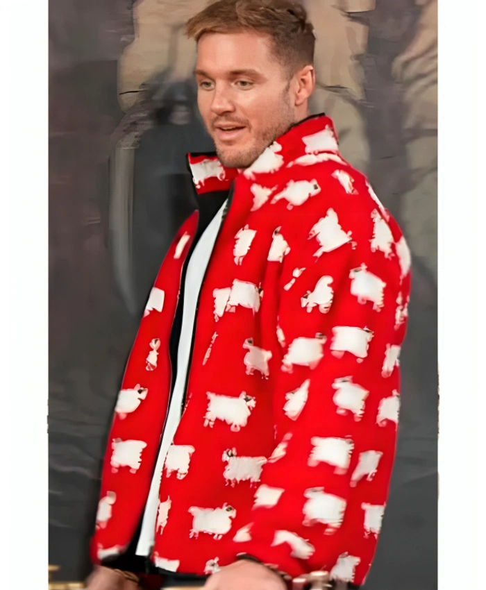 The Traitors Season 04 Colton Underwood Black Sheep Print Sherpa Red Jacket