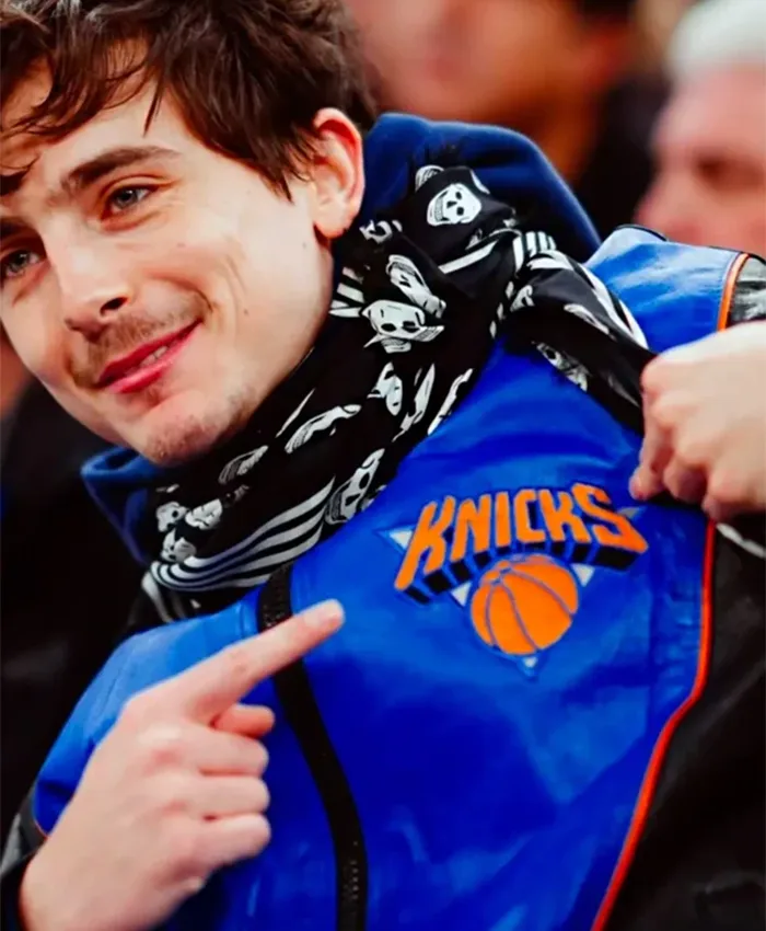 Timothee Chalamet New York Knicks Blue And Black Leather Jacket