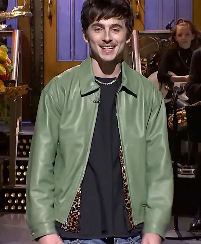Timothee Chalamet SNL Green Leather Jacket
