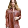 Tods Fashion Show Milan 2026 Lily James Brown Leather Jacket
