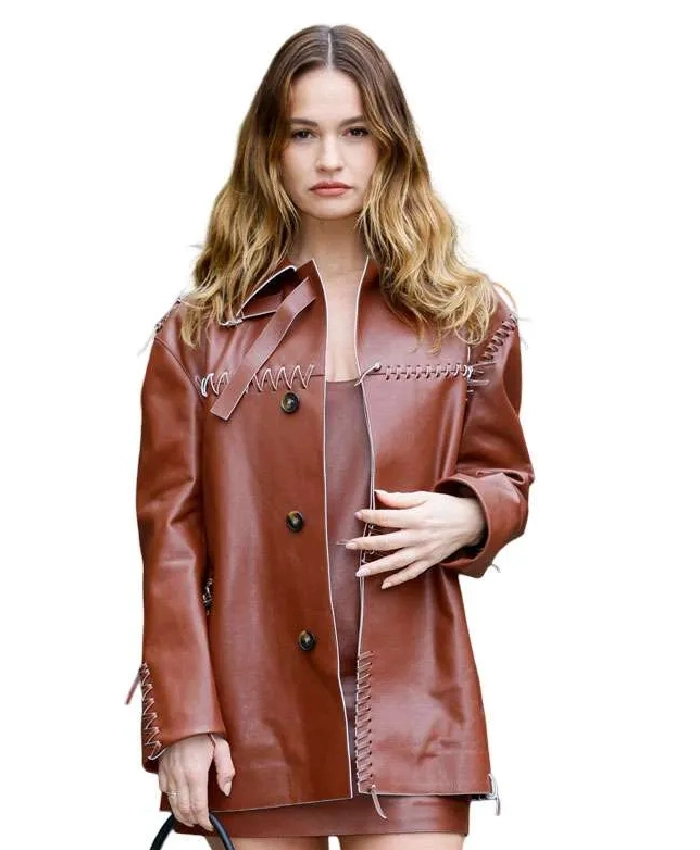 Tods Fashion Show Milan 2026 Lily James Brown Leather Jacket