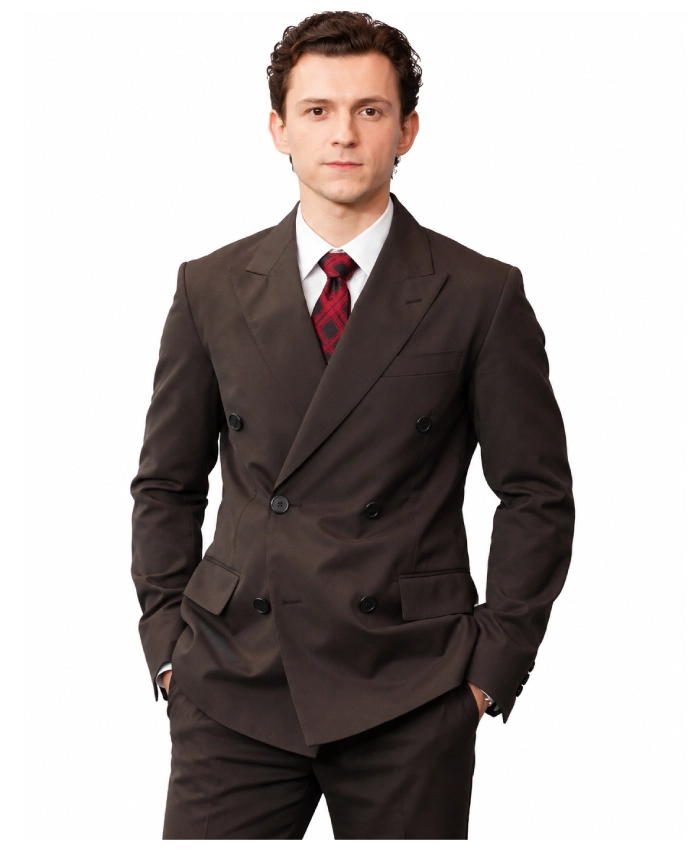 Tom Holland Shanghai Photos Calls Double Breasted Dark Brown Blazer