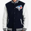 Toronto Blue Jays Logo Navy and White Varsity Jacket Mens