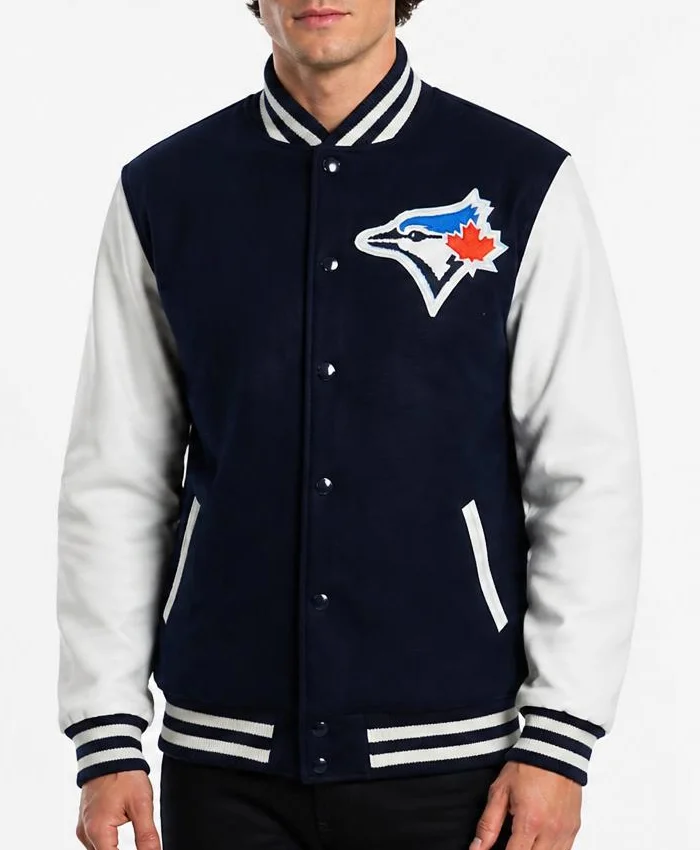 Toronto Blue Jays Logo Navy and White Varsity Jacket Mens