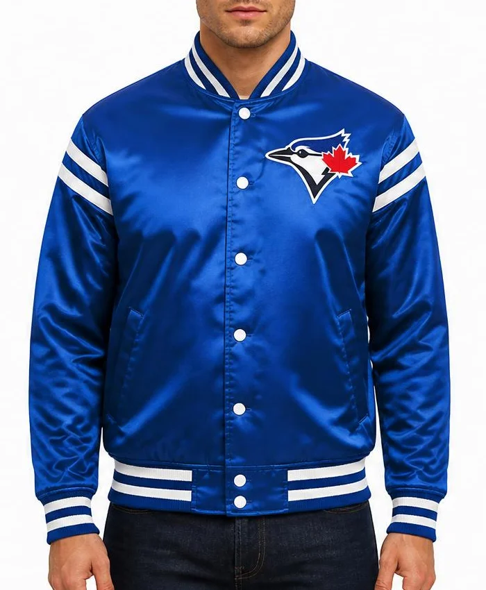 Toronto Blue Jays Teddy Blue Varsity Satin Jacket Mens
