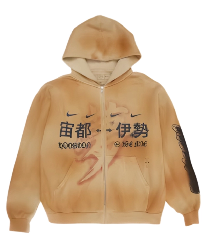 Travis Scott Jack Fragment Tan Zip Up Japanese Text Logos And Sleeve Print Hoodie
