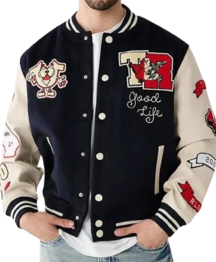 True Religion Sliced Black Letterman Varsity Jacket