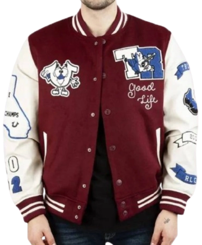 True Religion Sliced Maroon Letterman Varsity Jacket