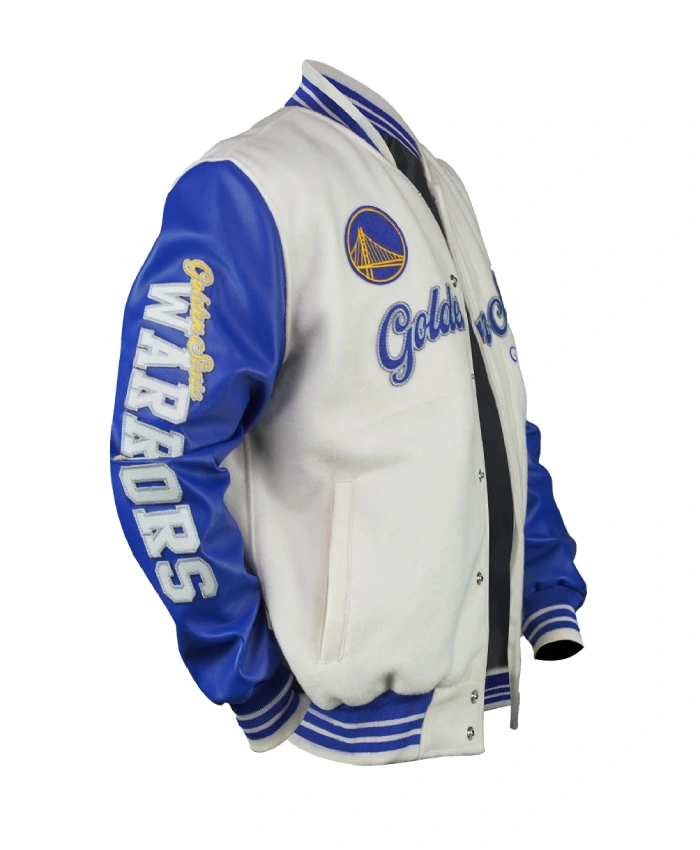 Golden State Warriors Cream and Blue Bomber Jacket - Image 3