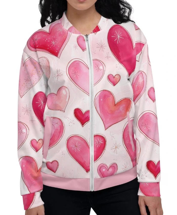 Pink Heart Print Bomber Jacket