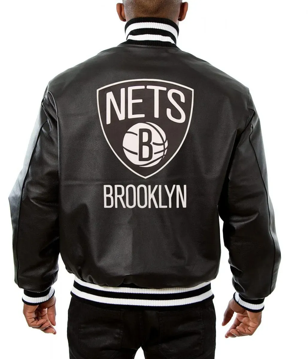 Varsity Brooklyn Nets Black Leather Jacket Back