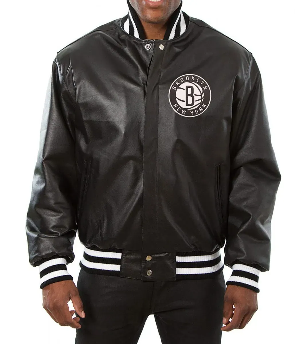 Varsity Brooklyn Nets Black Leather Jacket