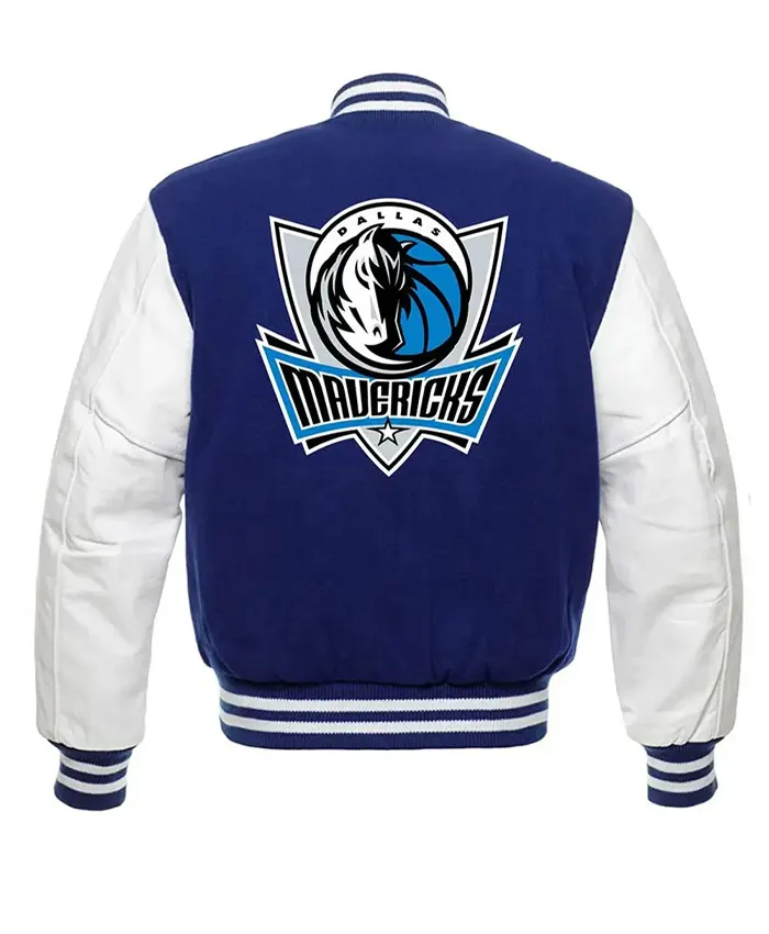 Varsity Dallas Mavericks NBA Blue And White Jacket Back