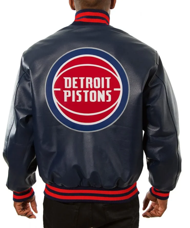 Varsity Detroit Pistons Navy Blue Leather Jacket Back