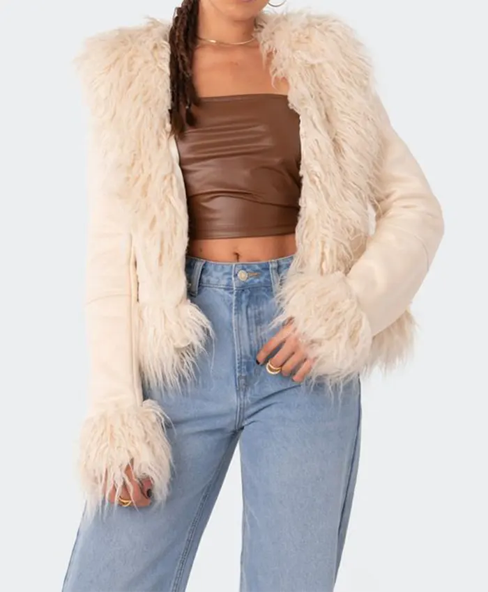 Vicky A Edikted Women Fur Trim Cream Coat