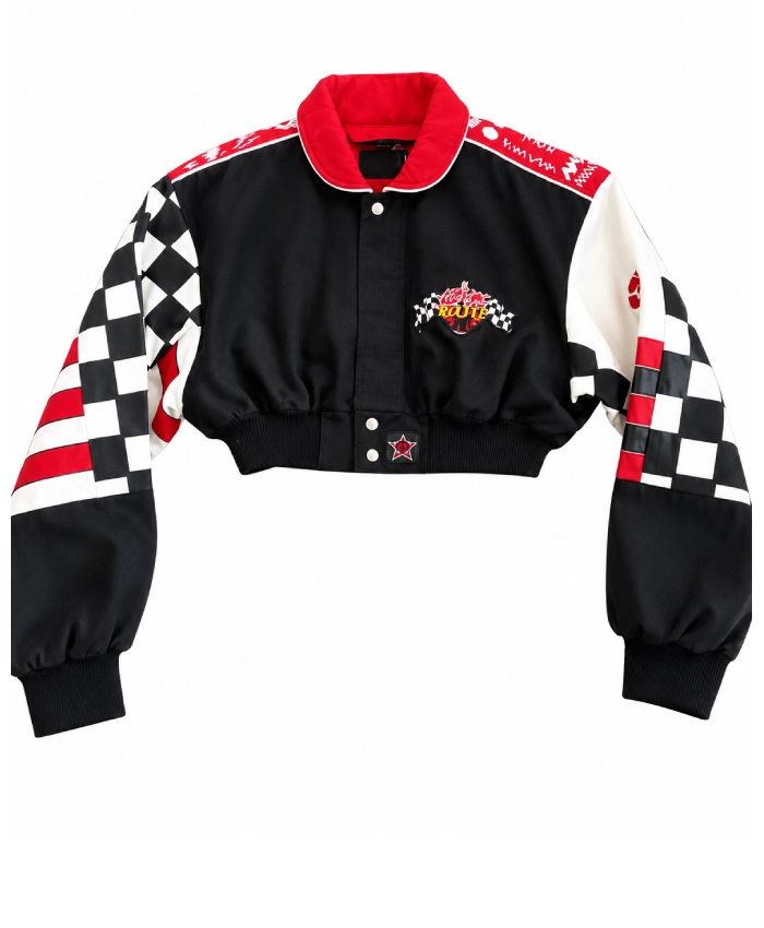 Vintage 90s NASCAR Black Coca Cola 600 Race Cropped Jacket For Sale