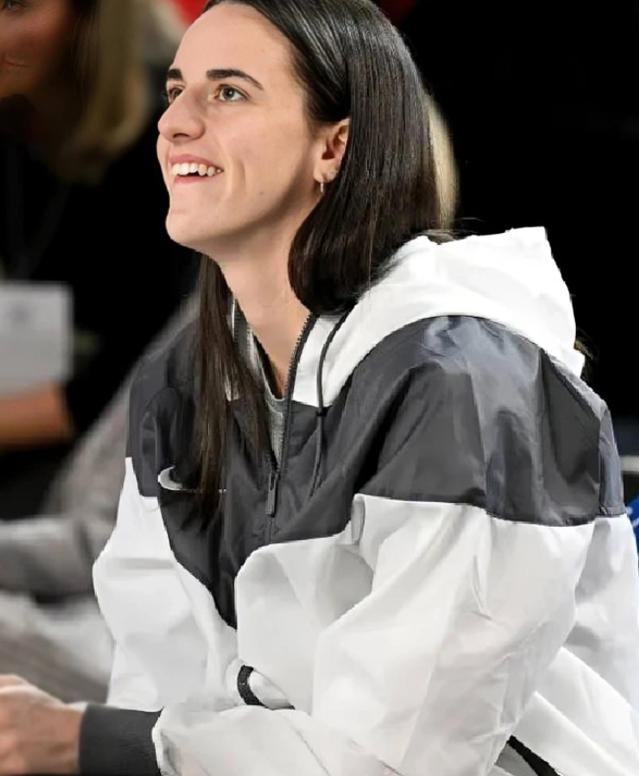 WNBA Playoffs Game Three Semifinals 2025 Aces Vs Fever Caitlin Clark Windrunner White And Gray Jacket