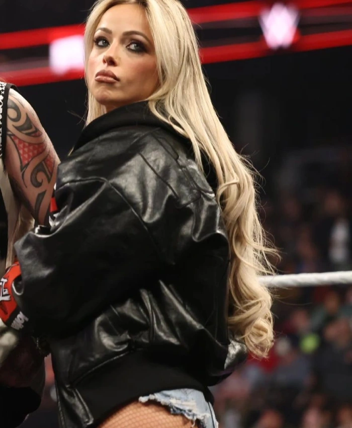 Alternative view of WWE RAW Liv Morgan Black Leather Bomber Hooded Jacket