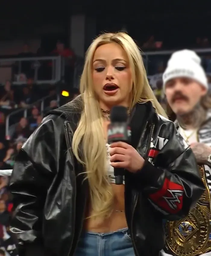 WWE RAW Liv Morgan Black Leather Bomber Hooded Jacket - Image 3