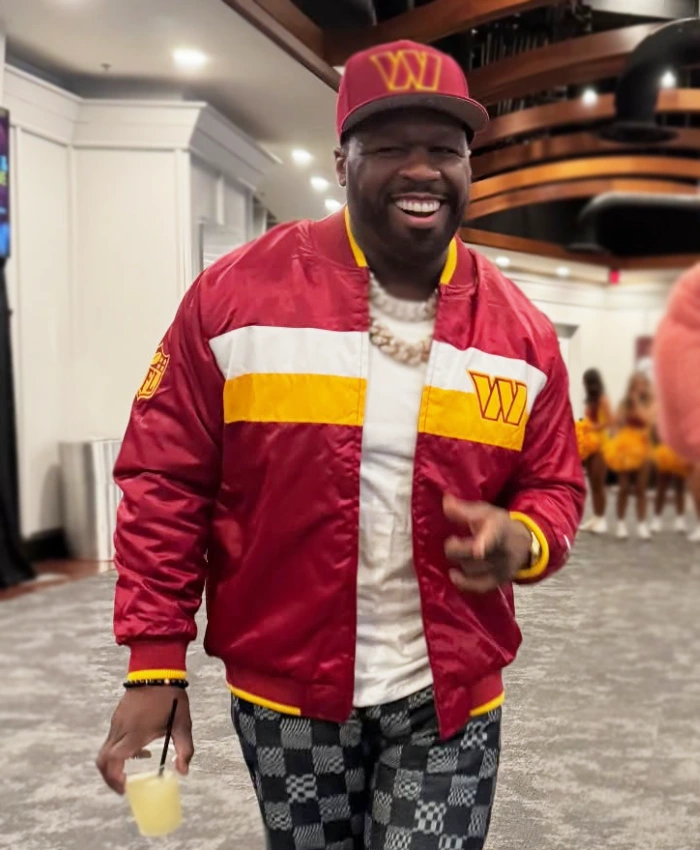 Washington Commanders 50 Cent Red Satin Varsity Jacket