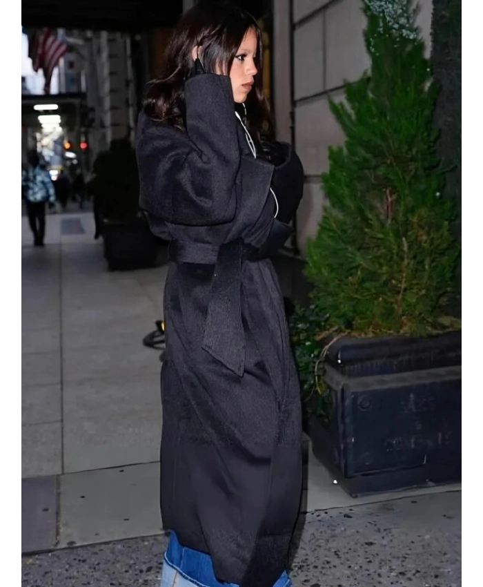 Wednesday 2025 Jenna Ortega SAG Nominees Oversized Belt Maxi Length Black Wool Wrap Coat