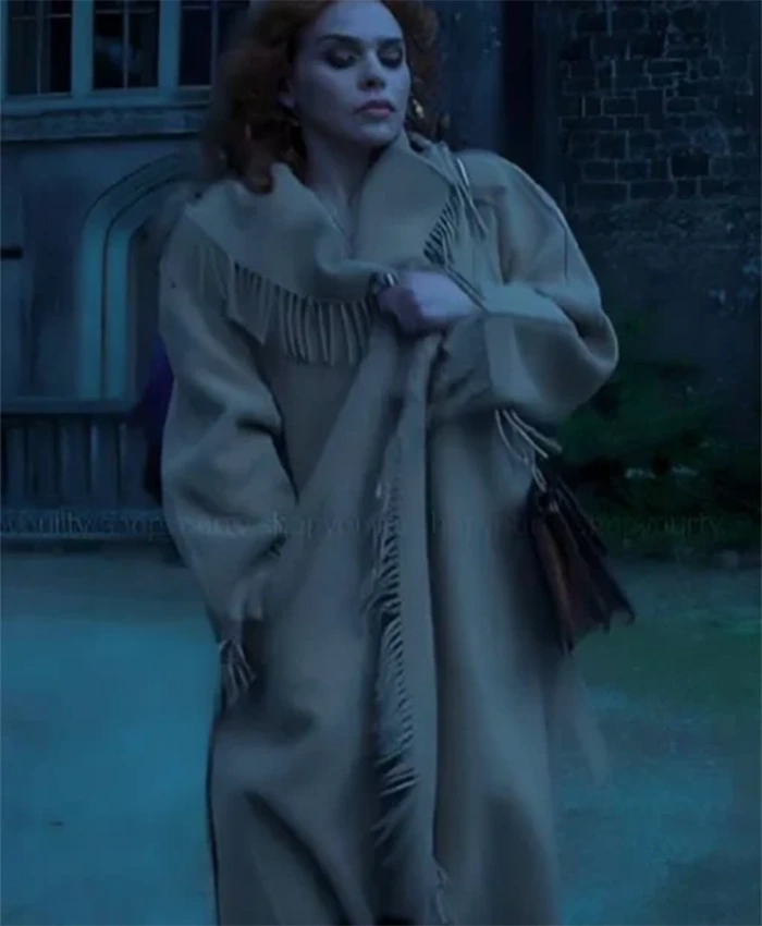 Wednesday S02 Billie Piper Brown Wool Fringe Coat
