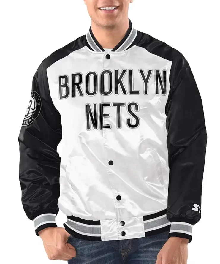 White Black Brooklyn Nets Renegade Varsity Satin Jacket