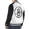 White Black Brooklyn Nets Renegade Varsity Satin Jacket Back