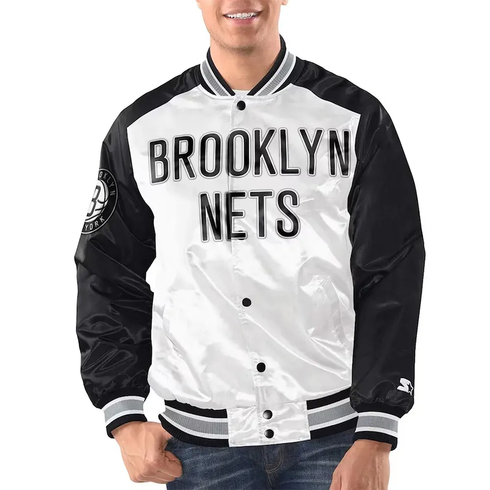 White Black Brooklyn Nets Renegade Varsity Satin Jacket