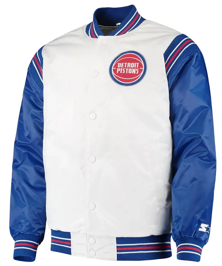 White Blue Detroit Pistons Renegade Varsity Satin Jacket