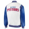 White Blue Detroit Pistons Renegade Varsity Satin Jacket Back
