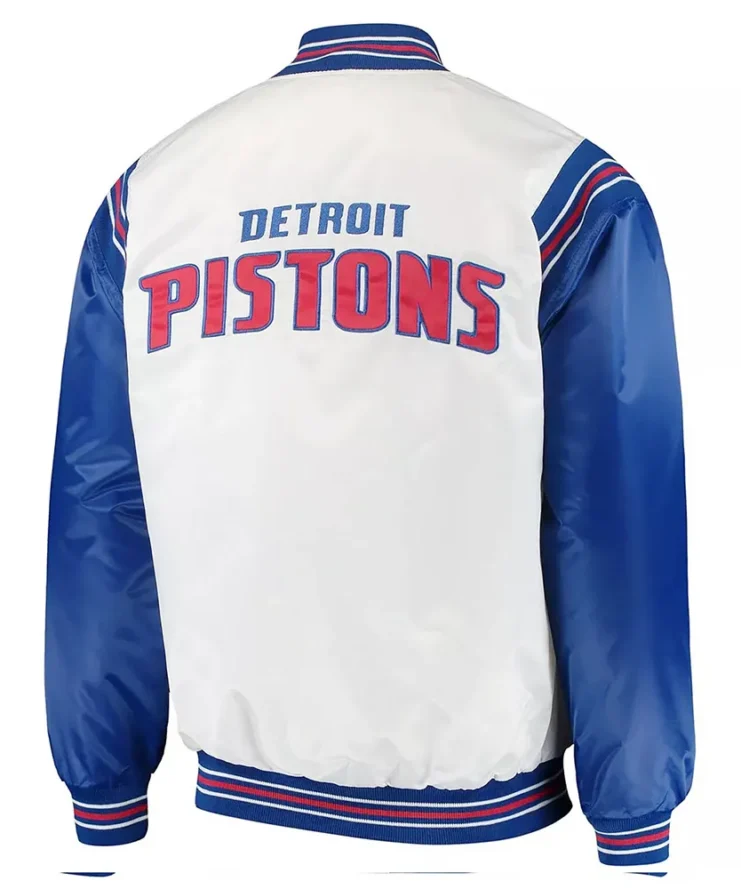 White Blue Detroit Pistons Renegade Varsity Satin Jacket Back