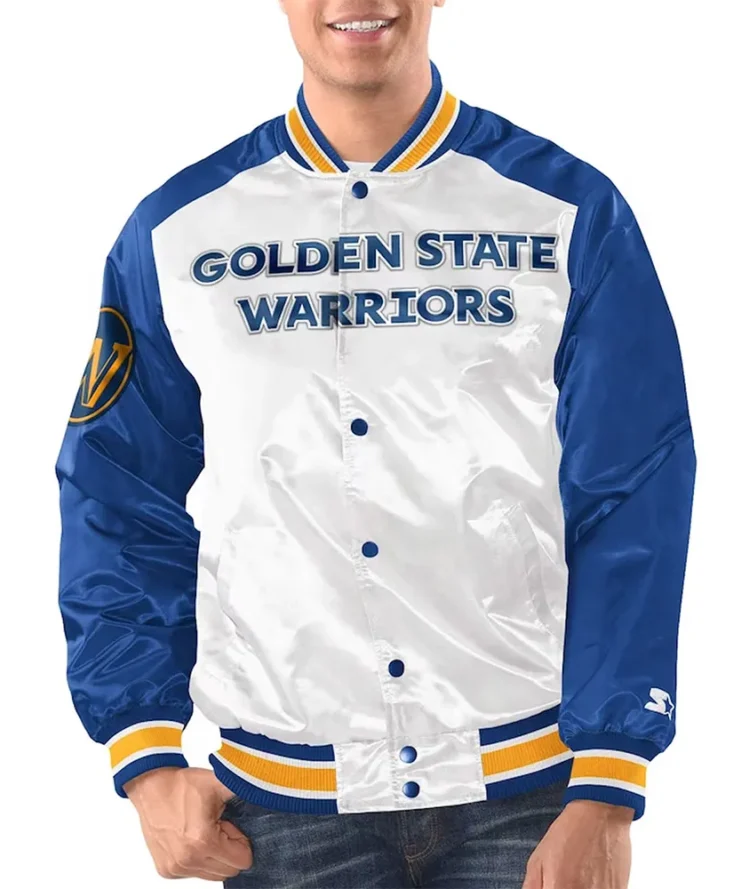 White Royal Golden State Warriors Renegade Varsity Satin Jacket