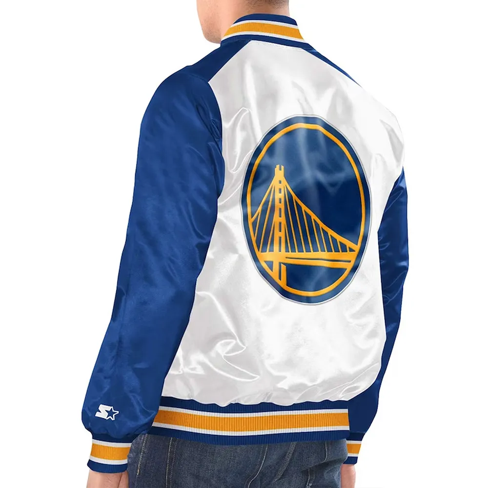 White Royal Golden State Warriors Renegade Varsity Satin Jacket Back