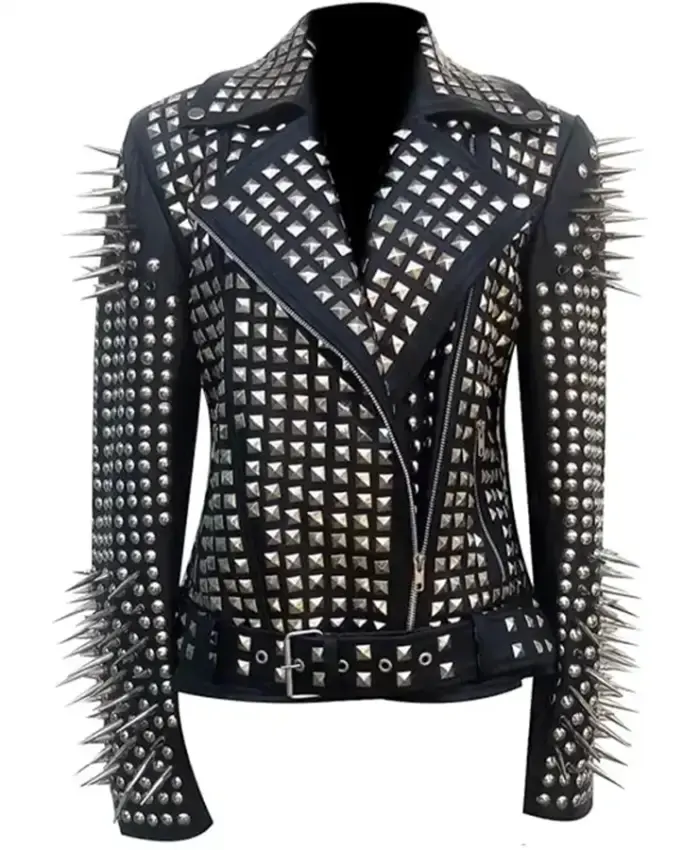 Women Black Biker With Round Cap Studded Leather Jacket