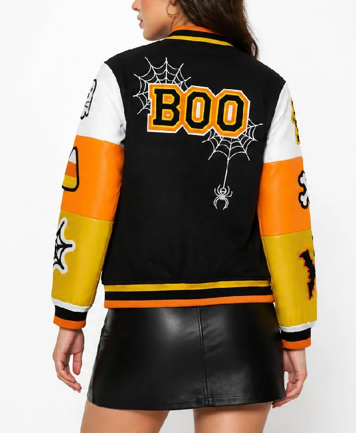 Women Halloween Boo Patches Varsity Jacket