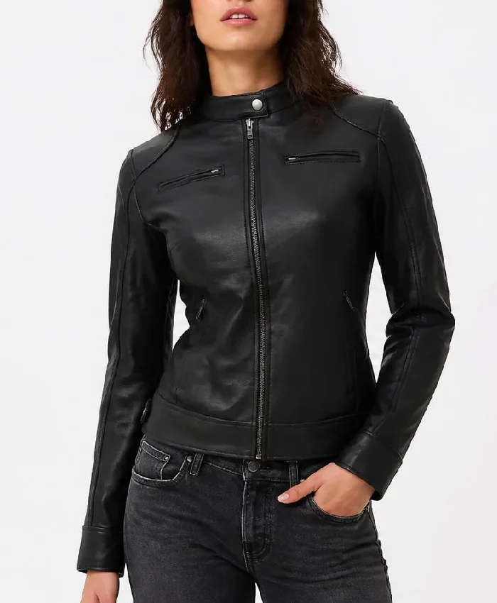 Womens Black Lambskin Leather Biker Style Jacket