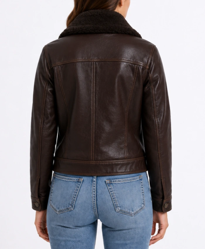 Women's Leather Trucker Black Jacket with Shearling Collar