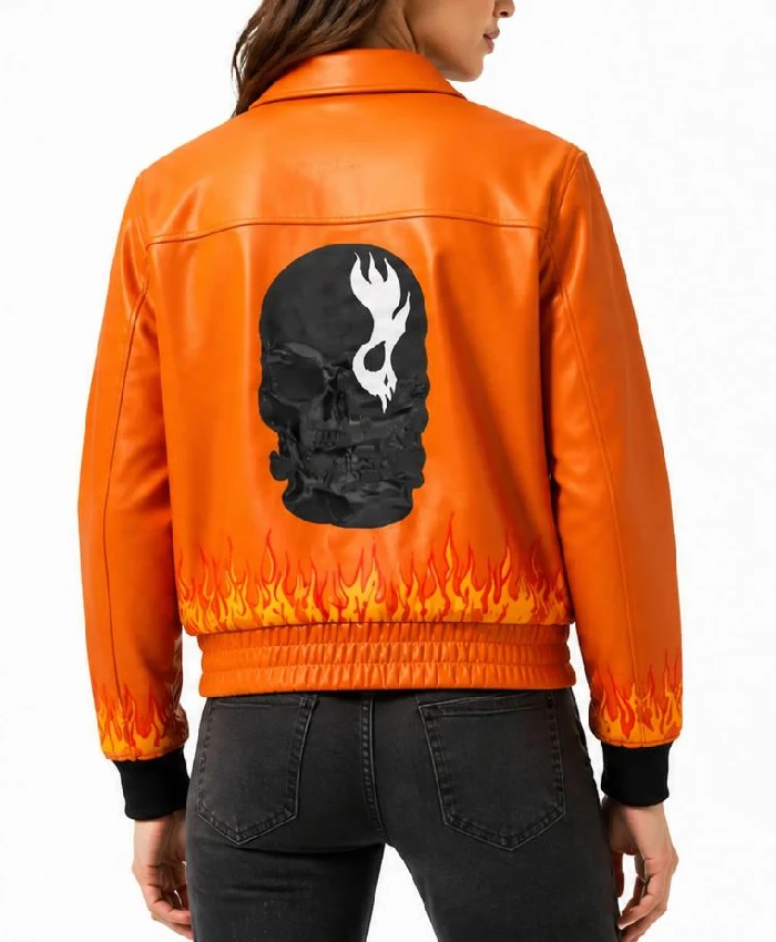 Womens Flame Skull Leather Jacket