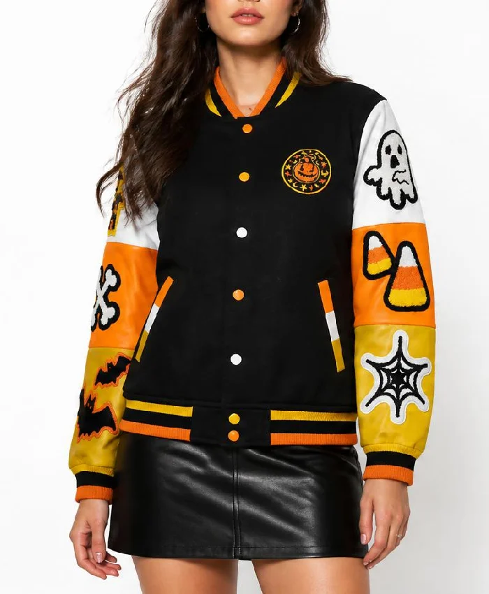 Womens Halloween Boo Patches Varsity Jacket