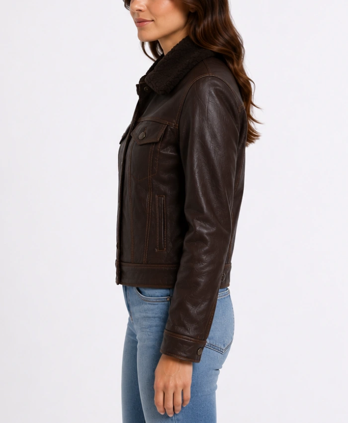 Black Leather Trucker Jacket with Shearling Collar for Women's