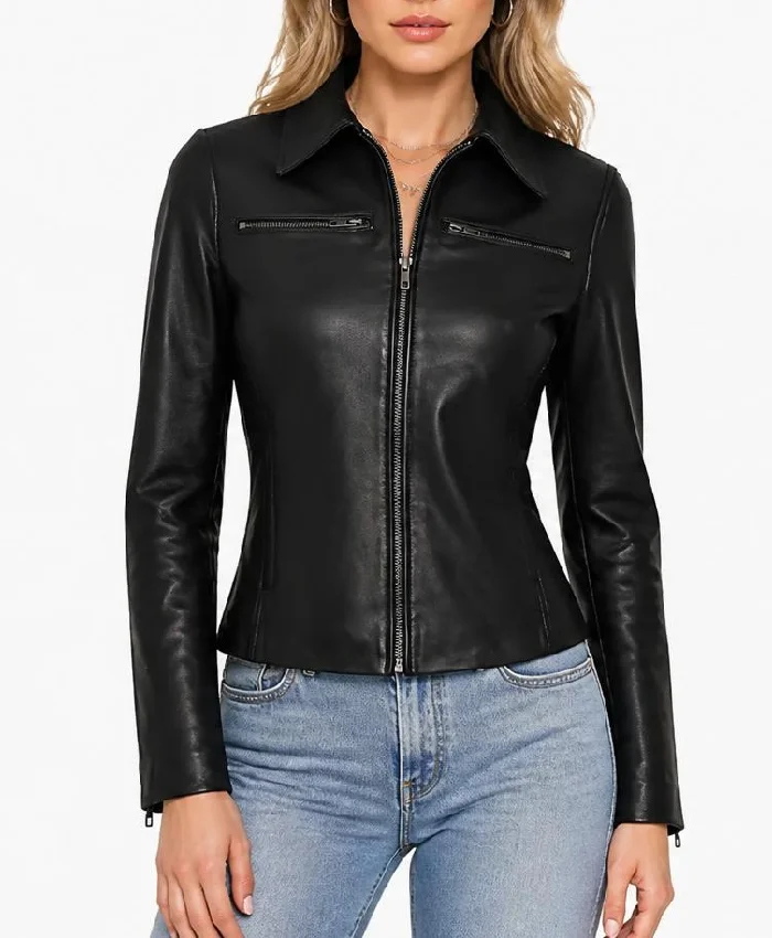 Womens Real Leather Black Harrington Jacket