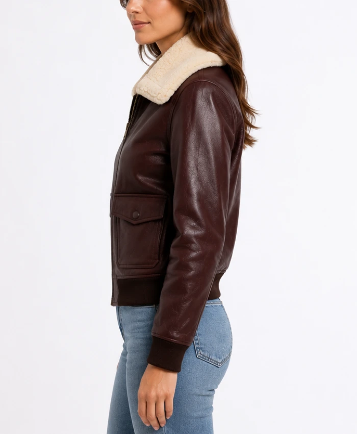 Shop Stella G1 Maroon Leather Bomber Jacket