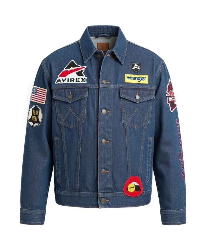 Wrangler X AVIREX AOP Patch Blue Denim Jacket For Sale