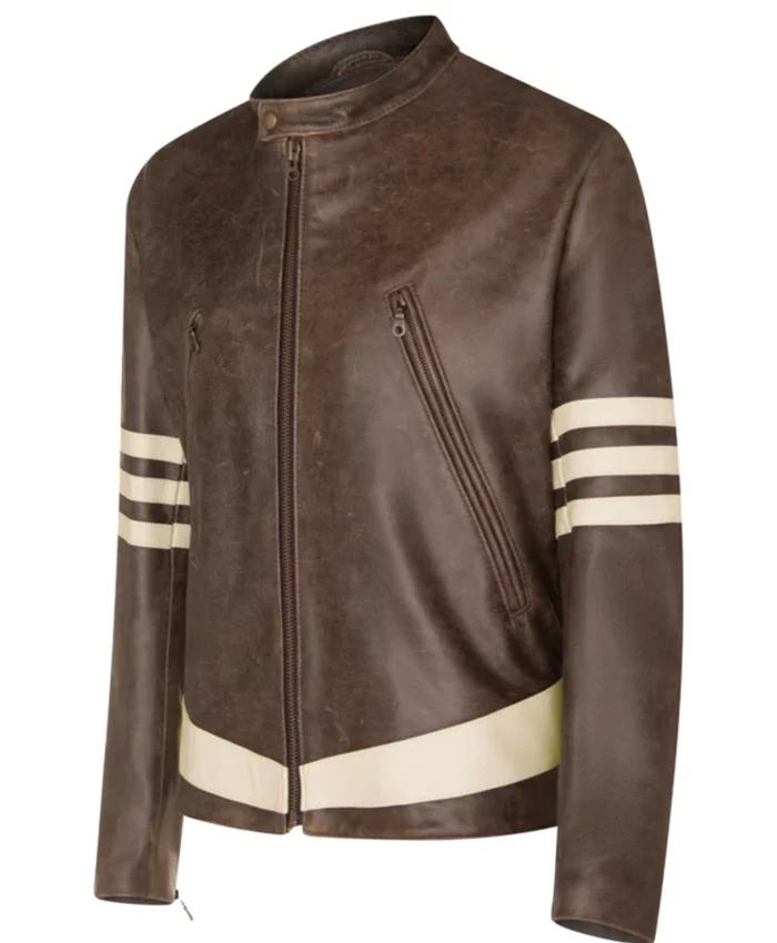 X-Men 1 Wolverine Style Cream Stripes With Leather Jacket
