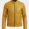 Yellow Cafe Racer Quilted Shoulder Leather Jacket For Sale