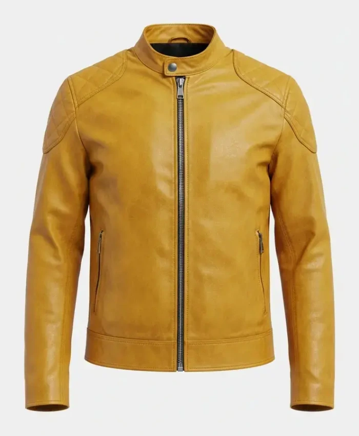 Yellow Cafe Racer Quilted Shoulder Leather Jacket For Sale